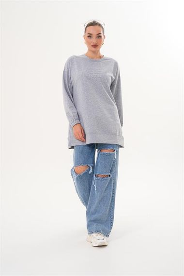 GRİ MİU Kabartma Baskı Bisiklet Yaka Tesettür Sweatshirt Tunik 712 - صورة 2