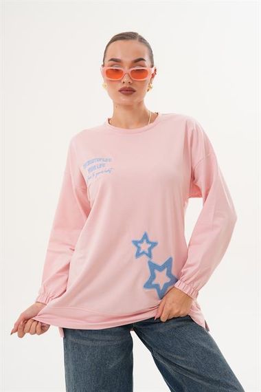 Pudra Yıldız Desenli Bisiklet Yaka Kadın Sweatshirt Tunik 711 - صورة 2