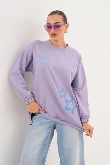 Lila Yıldız Desenli Bisiklet Yaka Kadın Sweatshirt Tunik 711 - фото 5