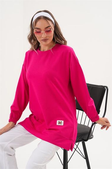 Fuşya Düz Basic Bisiklet Yaka Uzun Kol Kadın Sweatshirt Tunik 710 - fotoğraf 1
