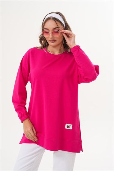 Fuşya Düz Basic Bisiklet Yaka Uzun Kol Kadın Sweatshirt Tunik 710 - fotoğraf 4