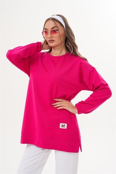 Fuşya Düz Basic Bisiklet Yaka Uzun Kol Kadın Sweatshirt Tunik 710 - fotoğraf 5
