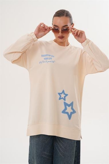 BEJ Yıldız Desenli Bisiklet Yaka Kadın Sweatshirt Tunik 711 - fotoğraf 2