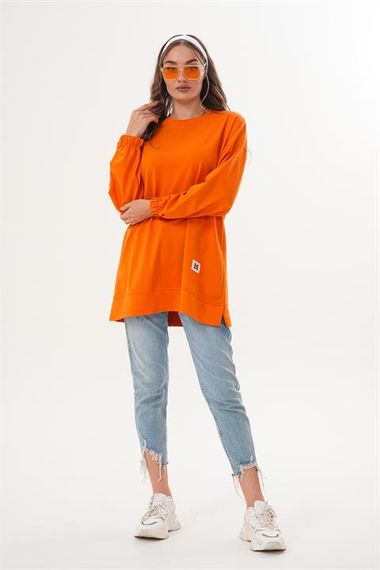 Turuncu Düz Basic Bisiklet Yaka Uzun Kol Kadın Sweatshirt Tunik 710 - صورة 4