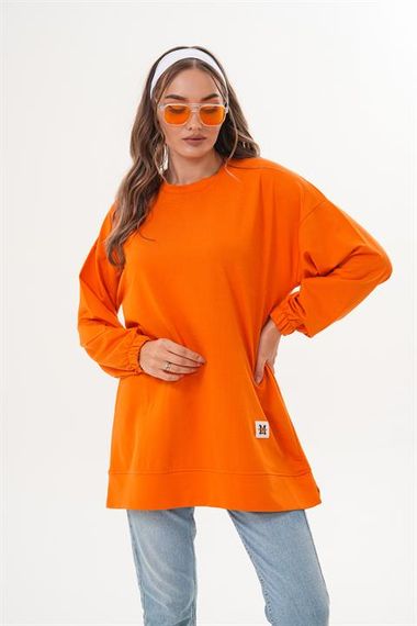 Turuncu Düz Basic Bisiklet Yaka Uzun Kol Kadın Sweatshirt Tunik 710 - صورة 3