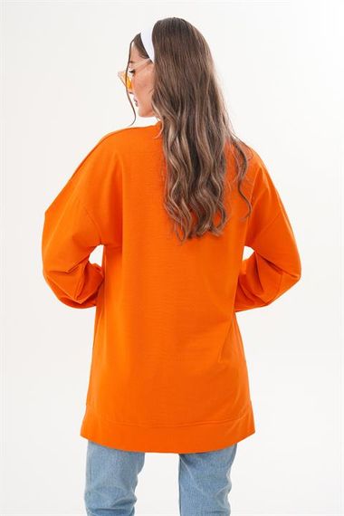 Turuncu Düz Basic Bisiklet Yaka Uzun Kol Kadın Sweatshirt Tunik 710 - صورة 2