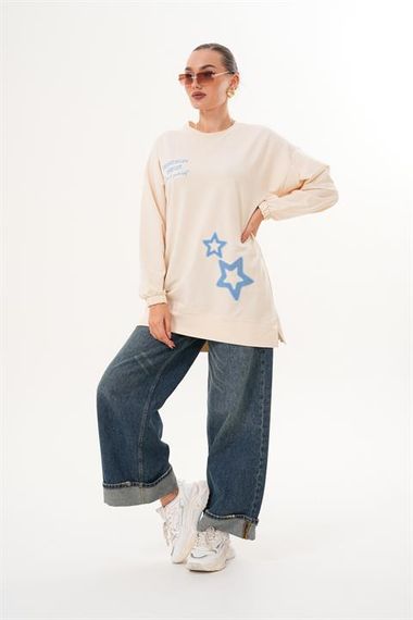 BEJ Yıldız Desenli Bisiklet Yaka Kadın Sweatshirt Tunik 711 - fotoğraf 1