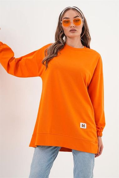 Turuncu Düz Basic Bisiklet Yaka Uzun Kol Kadın Sweatshirt Tunik 710 - صورة 1