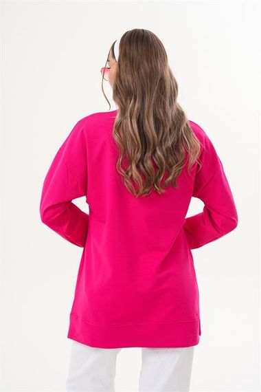 Fuşya Düz Basic Bisiklet Yaka Uzun Kol Kadın Sweatshirt Tunik 710 - fotoğraf 3