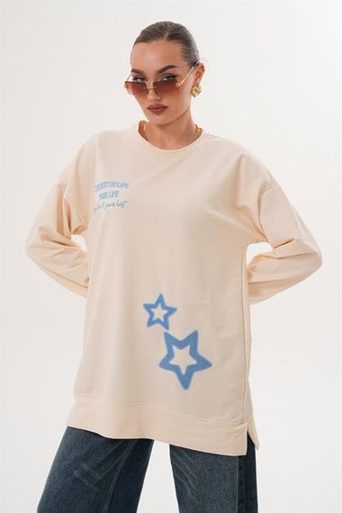 BEJ Yıldız Desenli Bisiklet Yaka Kadın Sweatshirt Tunik 711 - fotoğraf 4