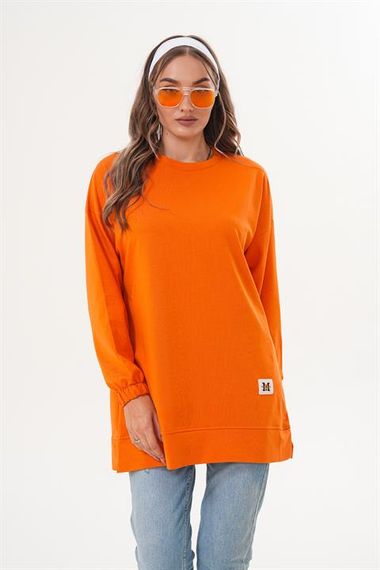 Turuncu Düz Basic Bisiklet Yaka Uzun Kol Kadın Sweatshirt Tunik 710 - صورة 5