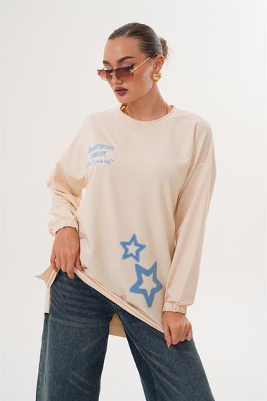 BEJ Yıldız Desenli Bisiklet Yaka Kadın Sweatshirt Tunik 711 - fotoğraf 3