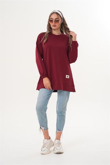 Bordo Düz Basic Bisiklet Yaka Uzun Kol Kadın Sweatshirt Tunik 710 - صورة 2