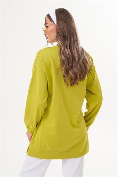 Yeşil Düz Basic Bisiklet Yaka Uzun Kol Kadın Sweatshirt Tunik 710 - photo 2