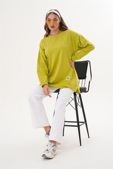 Yeşil Düz Basic Bisiklet Yaka Uzun Kol Kadın Sweatshirt Tunik 710 - photo 1