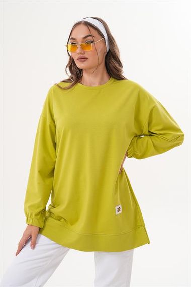 Yeşil Düz Basic Bisiklet Yaka Uzun Kol Kadın Sweatshirt Tunik 710 - photo 3