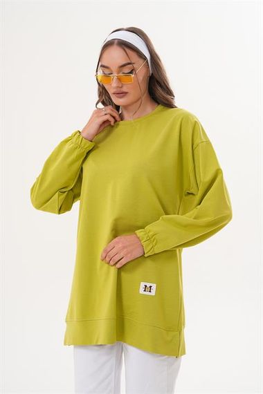 Yeşil Düz Basic Bisiklet Yaka Uzun Kol Kadın Sweatshirt Tunik 710 - photo 4