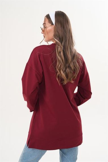 Bordo Düz Basic Bisiklet Yaka Uzun Kol Kadın Sweatshirt Tunik 710 - صورة 3