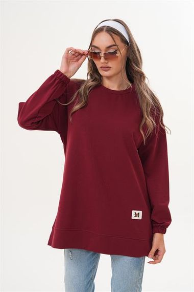 Bordo Düz Basic Bisiklet Yaka Uzun Kol Kadın Sweatshirt Tunik 710 - صورة 5