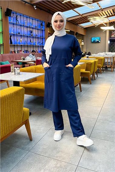 Plain Basic Long Tunic Trousers Double Sports Set with Two Front Pockets - 03067 - Light Navy Blue - photo 1