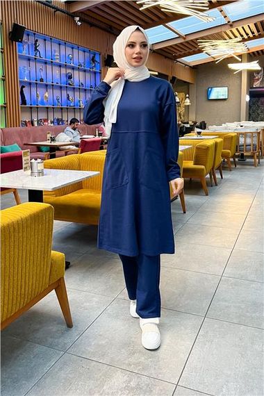 Plain Basic Long Tunic Trousers Double Sports Set with Two Front Pockets - 03067 - Light Navy Blue - photo 3