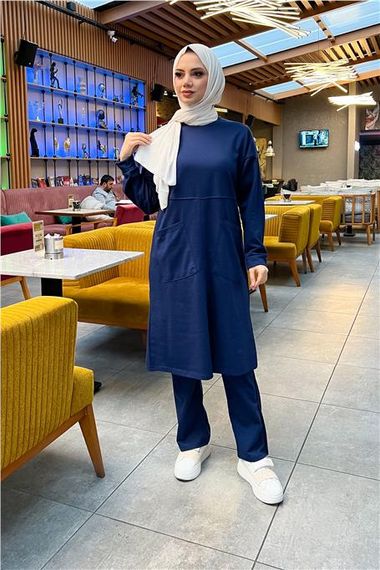 Plain Basic Long Tunic Trousers Double Sports Set with Two Front Pockets - 03067 - Light Navy Blue - photo 4