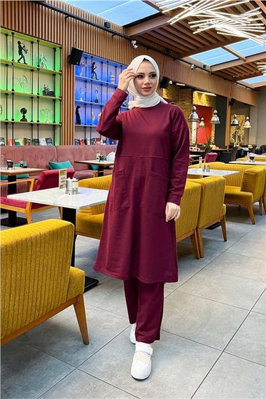 Plain Basic Long Tunic Trousers Double Sports Set with Two Front Pockets - 03067 - Claret Red - photo 2
