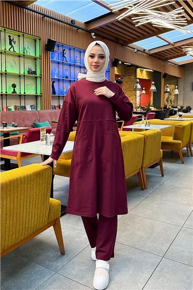 Plain Basic Long Tunic Trousers Double Sports Set with Two Front Pockets - 03067 - Claret Red - photo 3