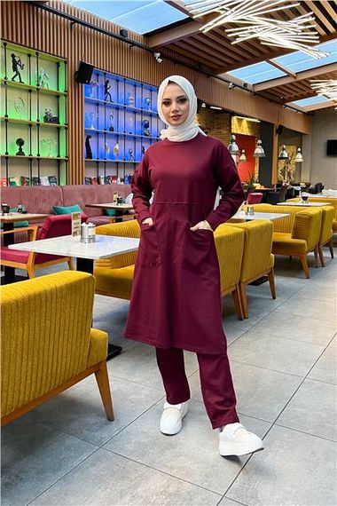 Plain Basic Long Tunic Trousers Double Sports Set with Two Front Pockets - 03067 - Claret Red - photo 5