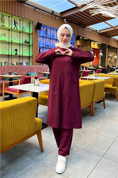 Plain Basic Long Tunic Trousers Double Sports Set with Two Front Pockets - 03067 - Claret Red - photo 4