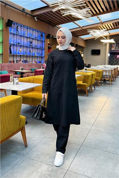 Plain Basic Long Tunic Trousers Double Sports Set with Two Front Pockets - 03067 - Black - photo 4