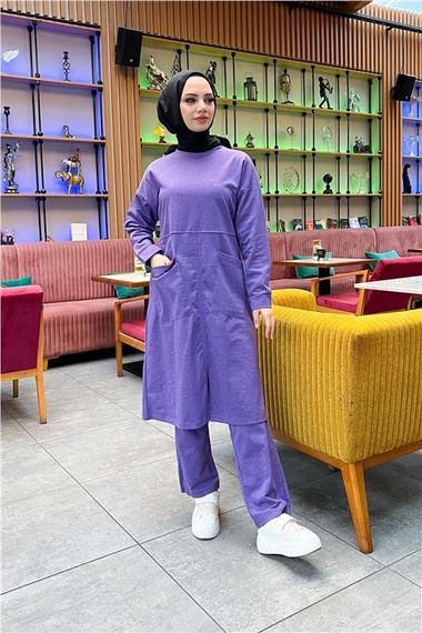 Plain Basic Long Tunic Trousers Double Sports Set with Two Front Pockets - 03067 - Dark Lilac - photo 3