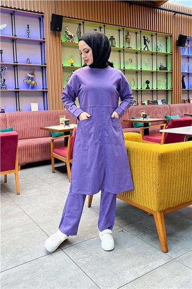 Plain Basic Long Tunic Trousers Double Sports Set with Two Front Pockets - 03067 - Dark Lilac - photo 4