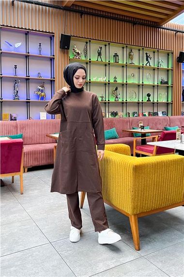 Plain Basic Long Tunic Trousers Double Sports Set with Two Front Pockets - 03067 - Brown - photo 5