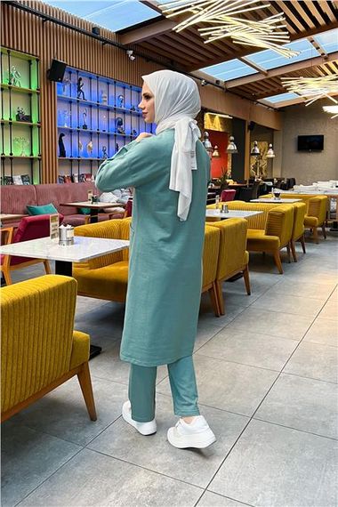 Plain Basic Long Tunic Trousers Two-piece Sports Set with Two Front Pockets - 03067 - Green - photo 5