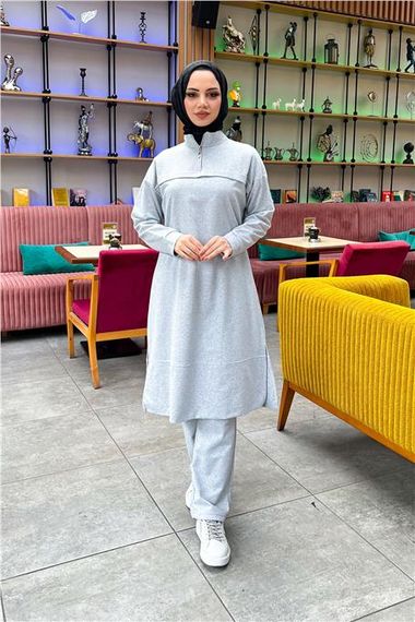 High Collar Short Zipper Slit Plain Basic Long Tunic and Trousers Double Sports Suit - 03062 - Gray - photo 1