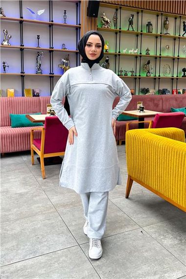 High Collar Short Zipper Slit Plain Basic Long Tunic and Trousers Double Sports Suit - 03062 - Gray - photo 5