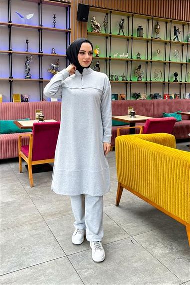 High Collar Short Zipper Slit Plain Basic Long Tunic and Trousers Double Sports Suit - 03062 - Gray - photo 3