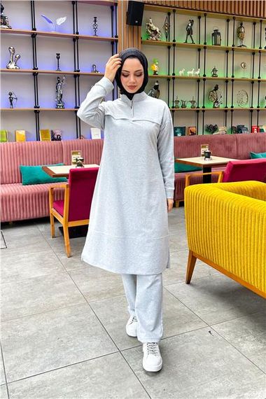 High Collar Short Zipper Slit Plain Basic Long Tunic and Trousers Double Sports Suit - 03062 - Gray - photo 4