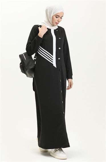 Side Button Detailed Abaya - 09248 - Black - photo 2