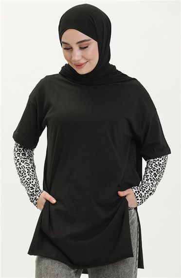 Vera Short Sleeve Slit Plain Basic Tunic - 04012 - Black - photo 1