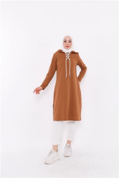 Eflin Long Hooded Sweatshirt with Tie Collar - Tan - AK01010.03030 - photo 1