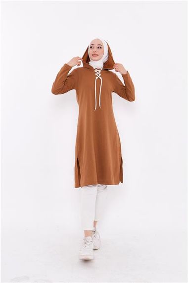 Eflin Long Hooded Sweatshirt with Tie Collar - Tan - AK01010.03030 - photo 3