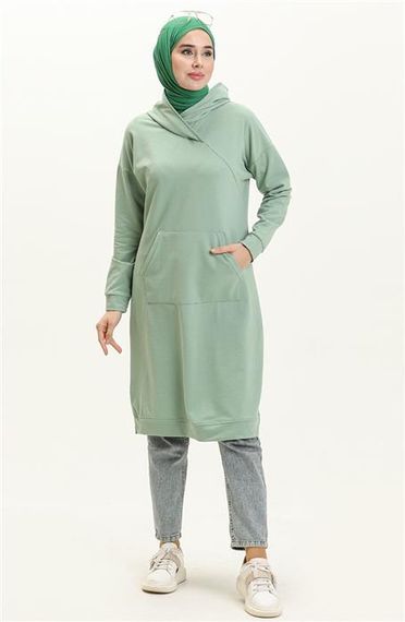 Moon Collar Detailed Hooded Plain Basic Sweatshirt - 3032 - Green - photo 1