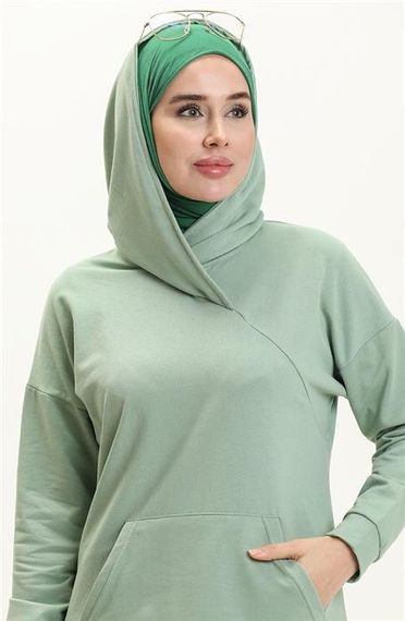 Moon Collar Detailed Hooded Plain Basic Sweatshirt - 3032 - Green - photo 3