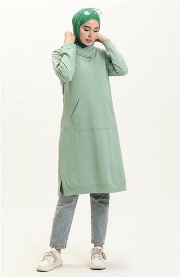 Moon Collar Detailed Hooded Plain Basic Sweatshirt - 3032 - Green - photo 2