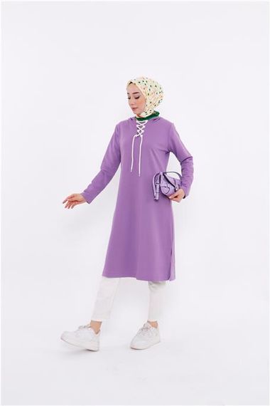 Eflin Long Hooded Sweatshirt with Tie Collar - Lilac - AK01010.03030 - photo 3