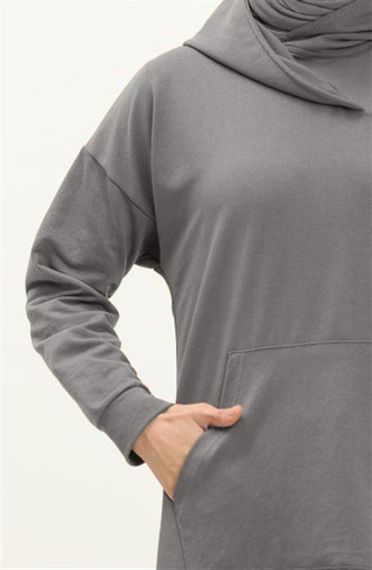 Moon Collar Detailed Hooded Plain Basic Sweatshirt - 3032 - Anthracite - photo 5