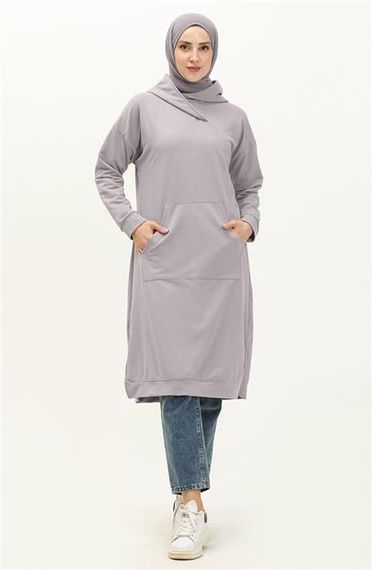 Moon Collar Detailed Hooded Plain Basic Sweatshirt - 3032 - Gray - photo 1