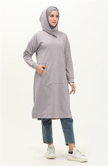 Moon Collar Detailed Hooded Plain Basic Sweatshirt - 3032 - Gray - photo 2